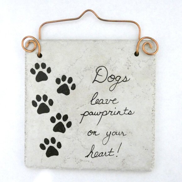 Decorative Hand Crafted Stone Tile Sign Dogs Leave Pawprints On Your Heart - Picture 2 of 6